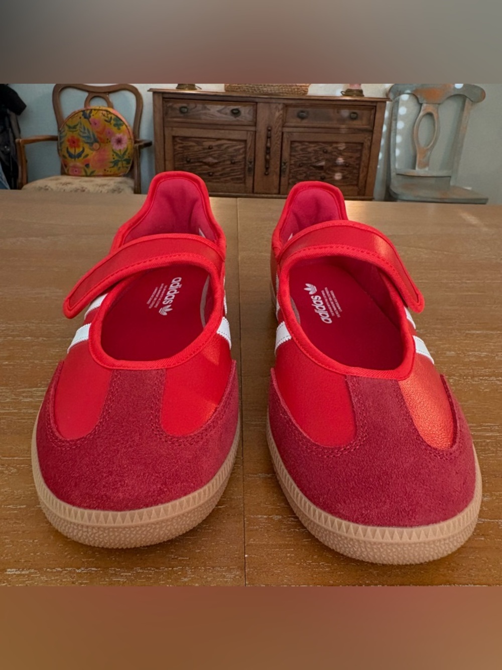 NWOB Adidas Samba Mary Janes Sneakers Red White Stripes Velcro Strap Closure - Picture 4 of 7